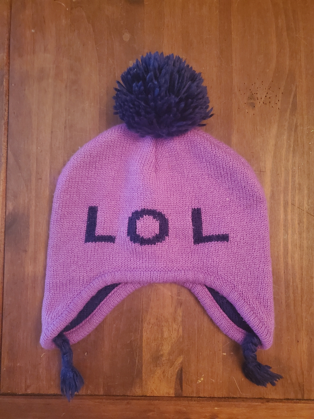 Kids Purple Pom Pom Earflap Beanie Hat - LOL Design